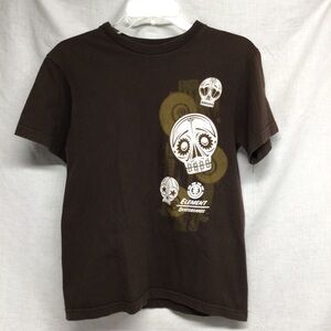 Element Boys Brown Short Sleeve Tee with White Skull Graphics Skateboard Y2K SzL